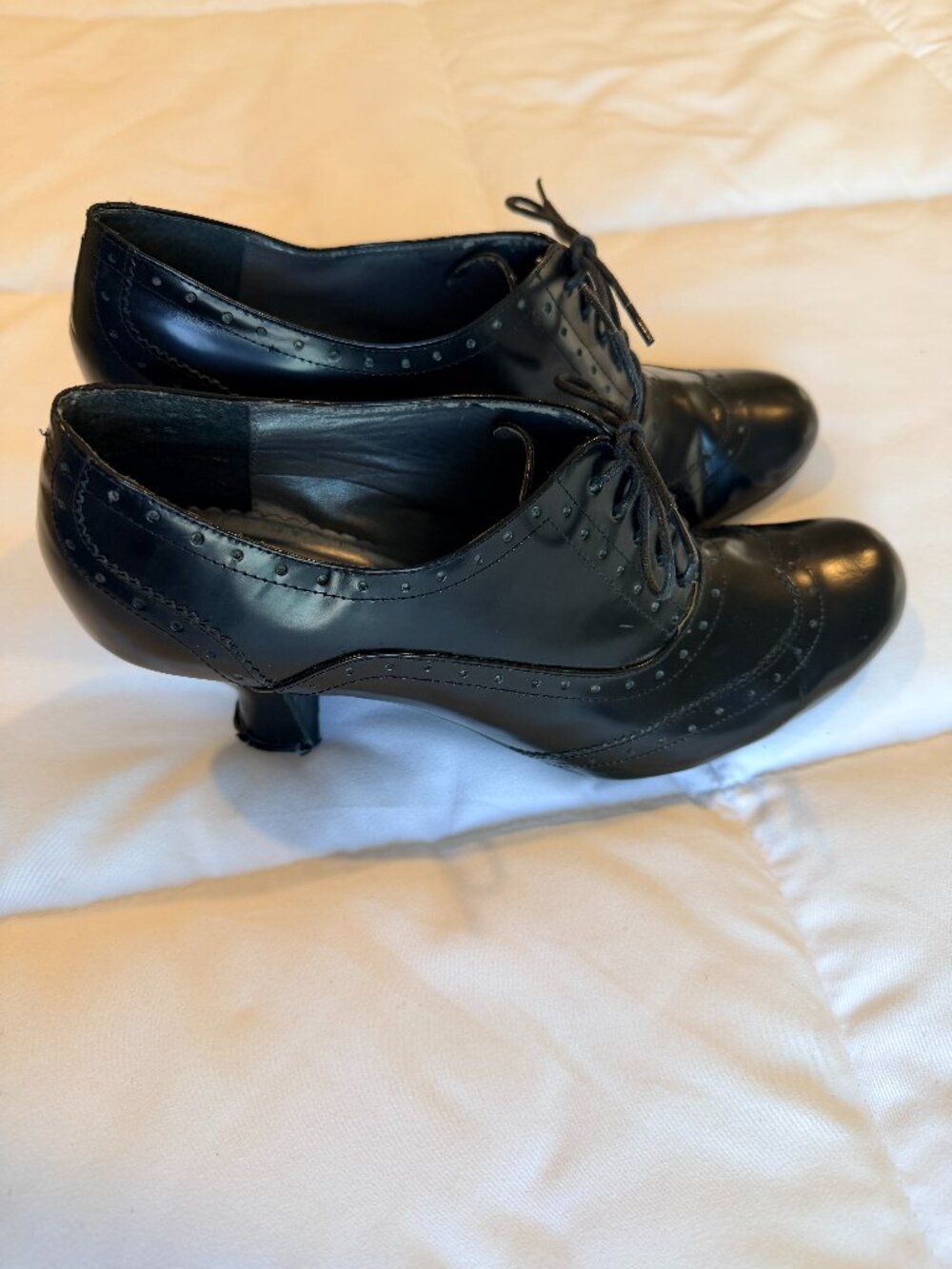 Y2K Vintage 1930s Oxford Heels Black Leather Lace Up Brogue Kitten Heel Sz 5